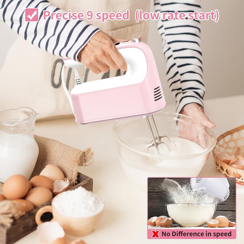 Yomelo 9-Speed Digital Hand Mixer Electric, 400W Powerful DC Motor, Hand Mixer Electric Handheld with Snap-On Storage Case, 5 Stainless Steel Accessories, Beaters, Dough Hooks, Whisk(Pink/White) - Image 4